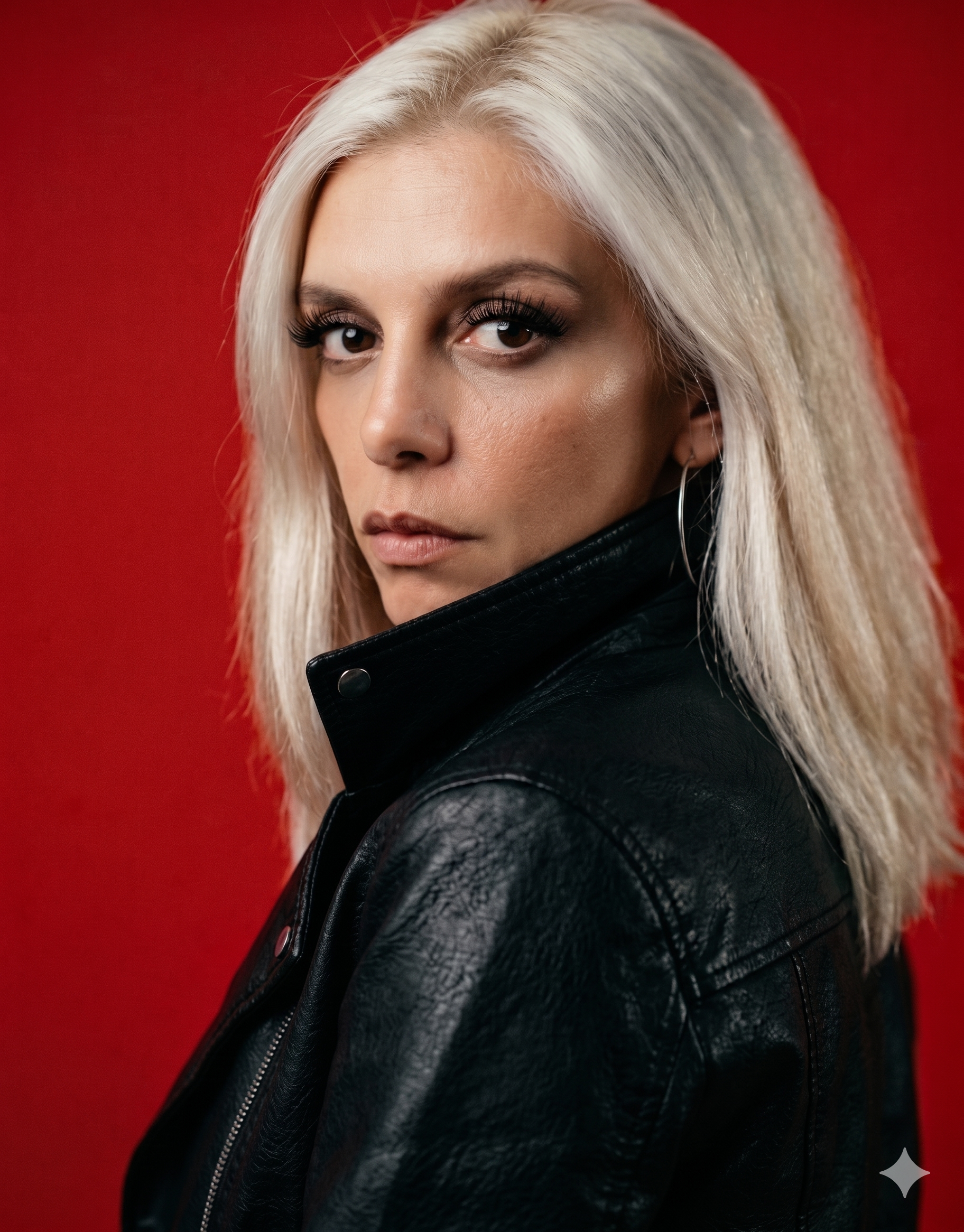 Tatiana Marx em retrato editorial com fundo vermelho